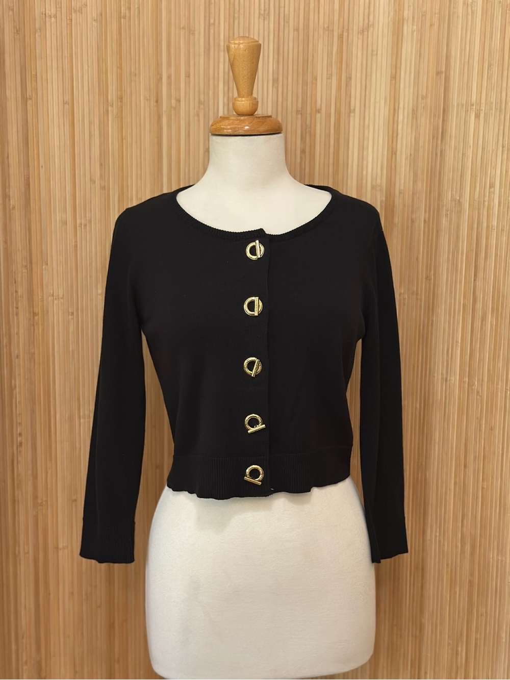 Calvin Klein Black Cropped Cardigan with Gold Toggle Buttons